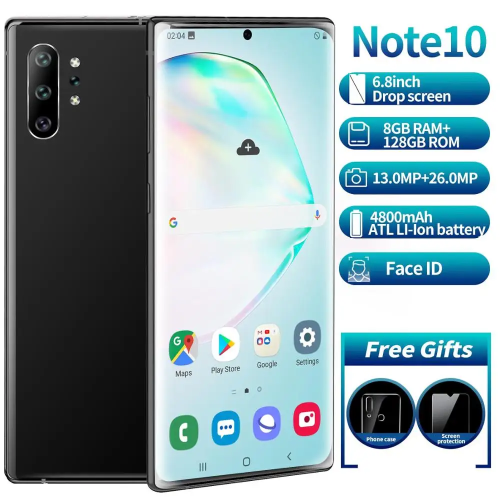 

New Arrival NOTE10+ 8GB RAM 128GB/256GB ROM 6.5 Inch Full Screen Mobile Phone 13+23MP Face ID MTK6595 Smart Phones Free Gift