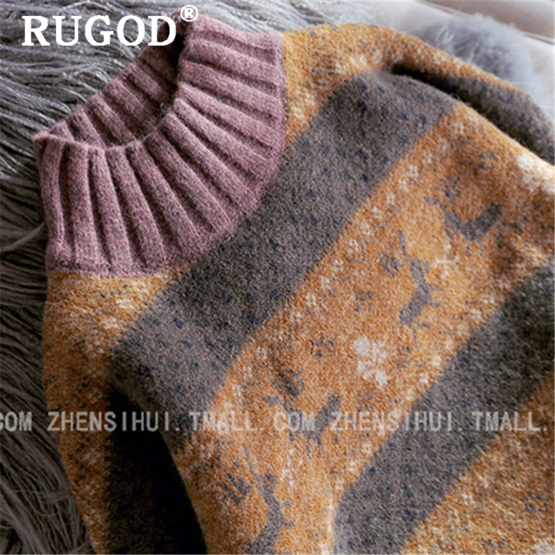 Женский вязаный свитер RUGOD осенне-зимний теплый с круглым вырезом и принтом
