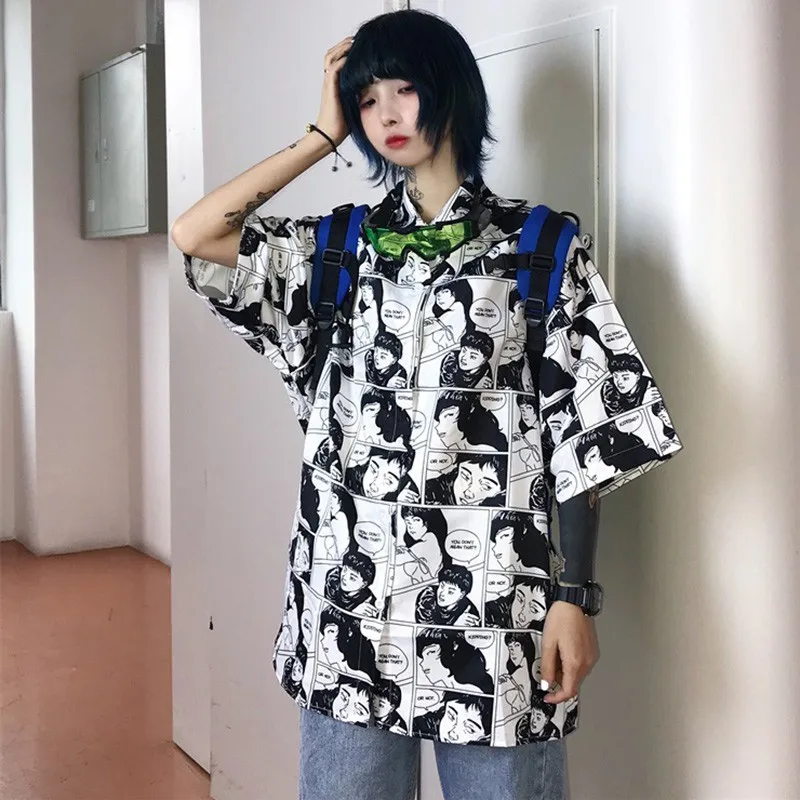 

Streetwear Female Short Sleeve Blouse Large Size Women Blouse Loose Cartoon Print Korean Style Harajuku Shirt