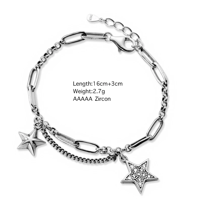 

Simple Vintage Star Pentagram Zircon Multilayer Chain 925 Sterling Silver Bracelet For Women Designer Dainty Jewelry Wholesale