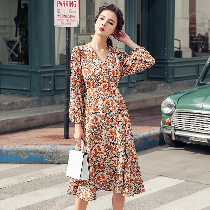 

YAMDI midi dress women a-line dresses party long sleeve korean spring summer vintage elegant 2020 woman v neck print floral robe
