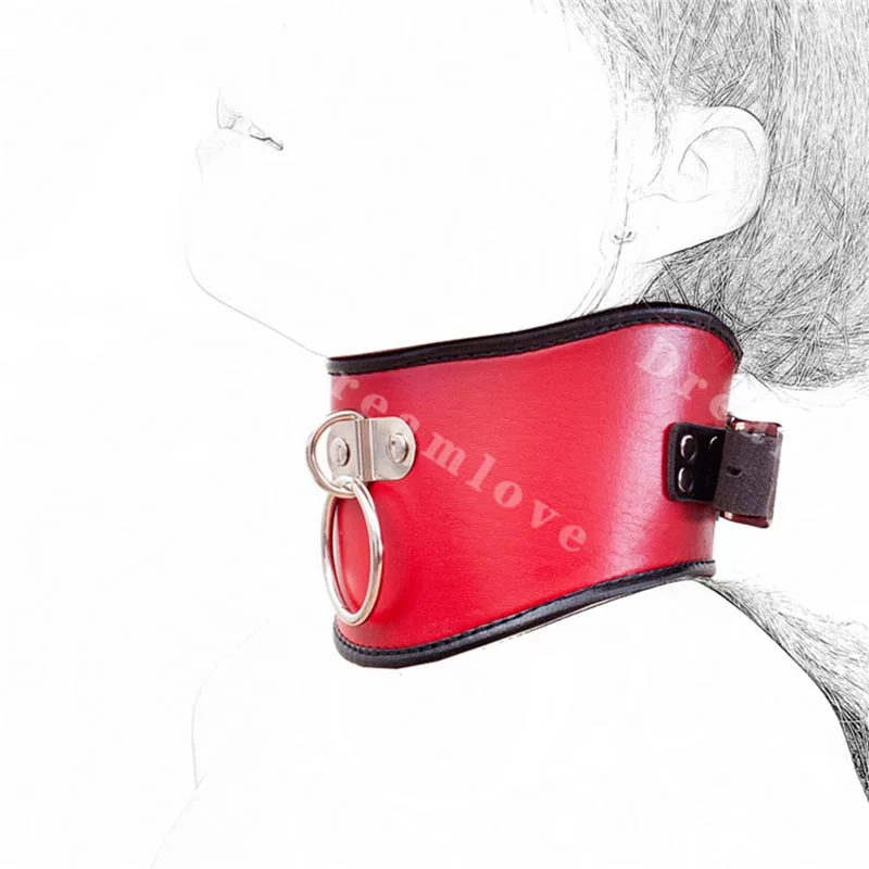 

Sexy Black and Red Leather Locking Posture Collar with Metal Ring Mistress Fetish Punk Kinky Neck Restraint Costume