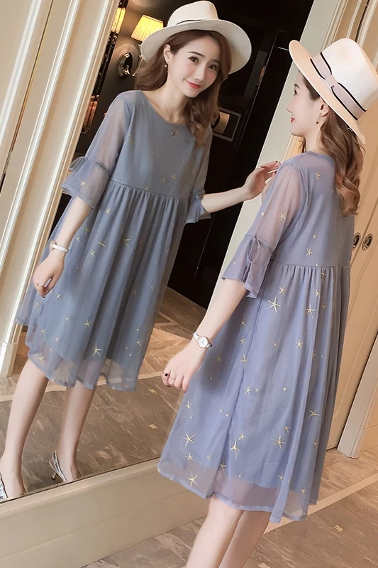 

1PCS Maternity Dress Round Neck Short-Sleeved Chiffon Breastfeeding Clothes Summer Outing Breathable Maternity Dress Skirt LB855
