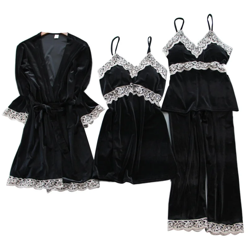 2022 New Spring Style Pajamas Women's Velvet 4Pcs Set with Breast Pad Sling Sexy Nightgown Home Clothes Lady Nightwear Sleepwear