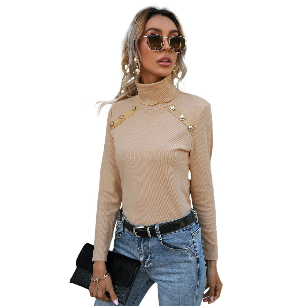 

Women's Spring And Autumn Slim Button High Neck Long Sleeve T-Shirt Female Casual Slim Solid Color Pullover Tops Women Clothing