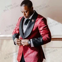 brand designs 2021 costume homme burgundy printed jacquard dinner party groom wear men wedding suits for men prom tuxedo blazer