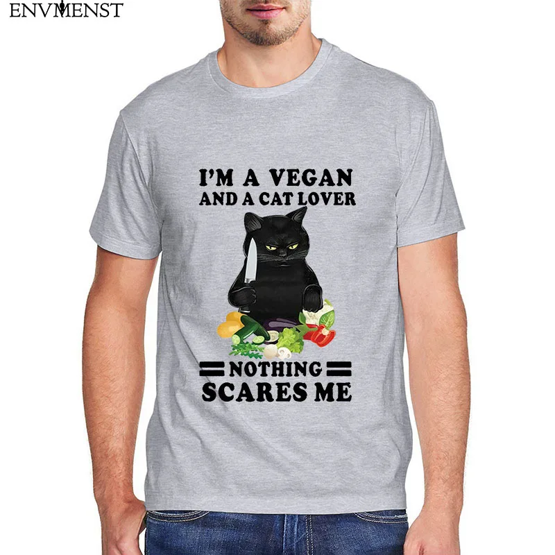 

Black cats tee Funny Black Cat I'm A Vegan And A Cat Lover Nothing Scares Me Vintage Men's Shirt Short Sleeve Funny Unisex Shirt