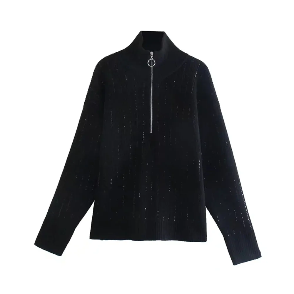 

DYLQFS 2021 Women Zipper Design Black Sequins Mock Neck Casual Knitting Sweater Female Streetwear Loose Pullovers Chic Top