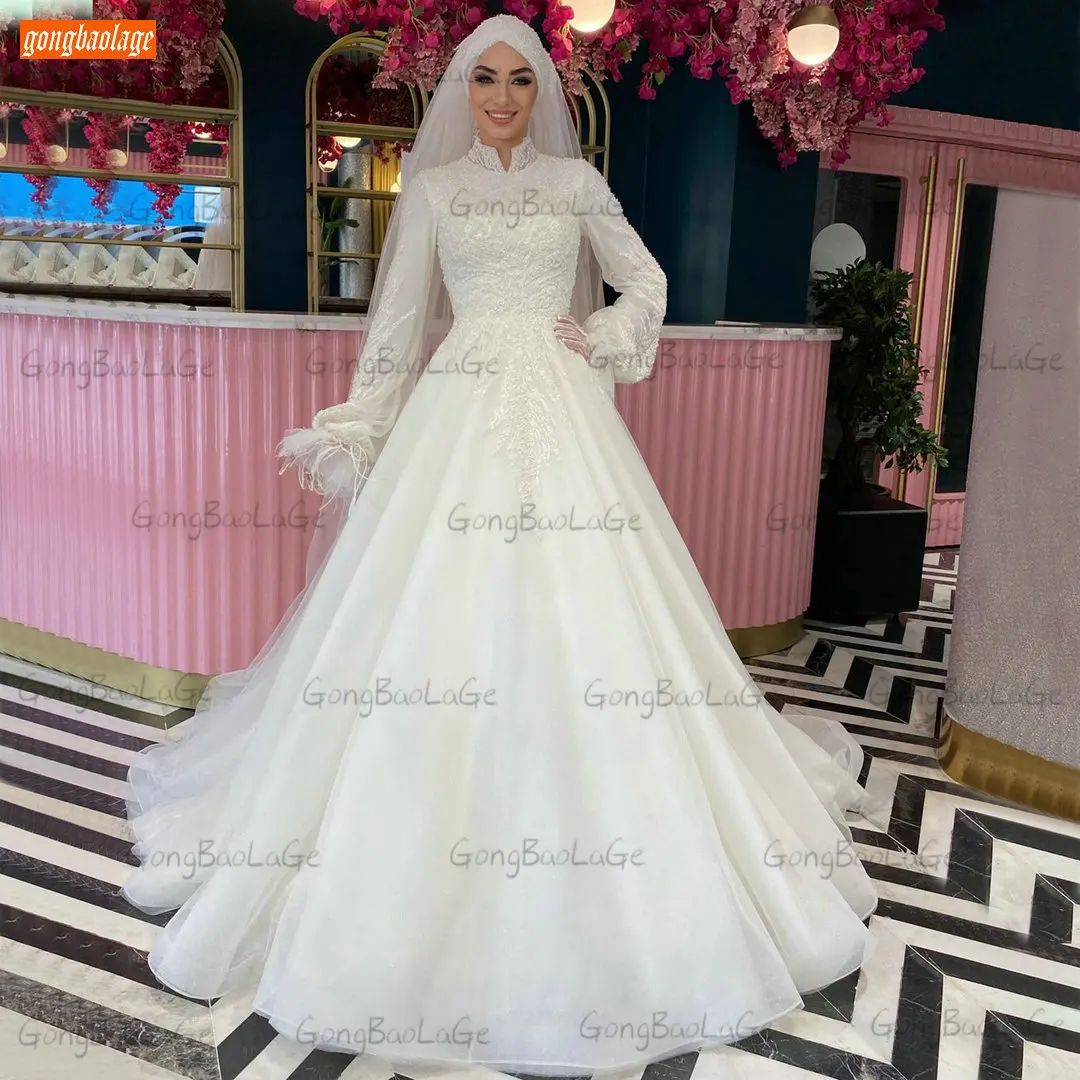 Купи Dubai Muslim Wedding Gowns Long Sleeves 2021 High Neck Robe De Mariée Lace Appliques vestido de noiva Custom Made Bridal Dresses за 9,988 рублей в магазине AliExpress