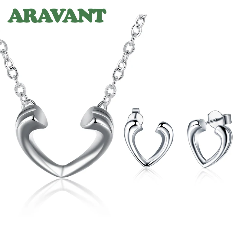 

925 Silver Jewelry Set Open Heart Pendants Necklace Chains Stud Earrings For Women Fashion Jewelry Valentine's Day Gifts
