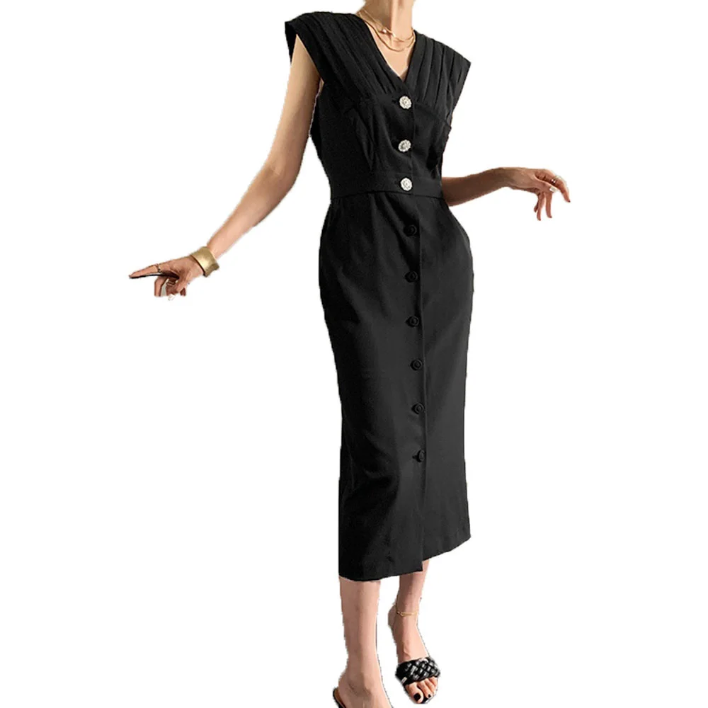 

2021 Summer New Women's Dress Japanese Style Fashion Elegant Long Solid Color Single-breasted Sleeveless High Waist Casual