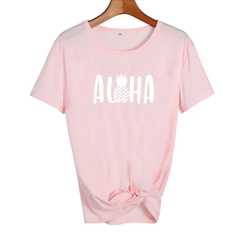 Надпись "Алоха Гавайи" Harajuku tumblr футболка летние хлопковые топы женские футболки с принтом ананаса каникулы Графические футболки черные белые футболки - Цвет: pink-white