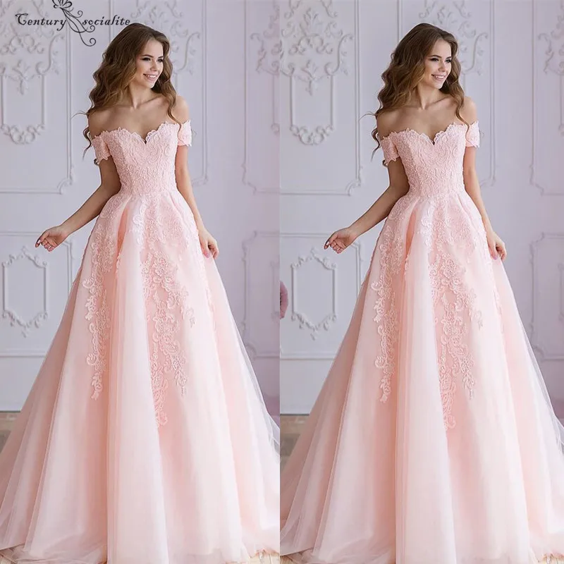 

Розовые платья для выпускного вечера с открытыми плечами, Кружевная аппликация, длинная вечерняя одежда со шнуровкой сзади, официальные пл...