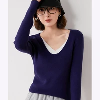 womens fake collar stitching slim pullover sweater female v neck temperament knit sweater bottoming shirt