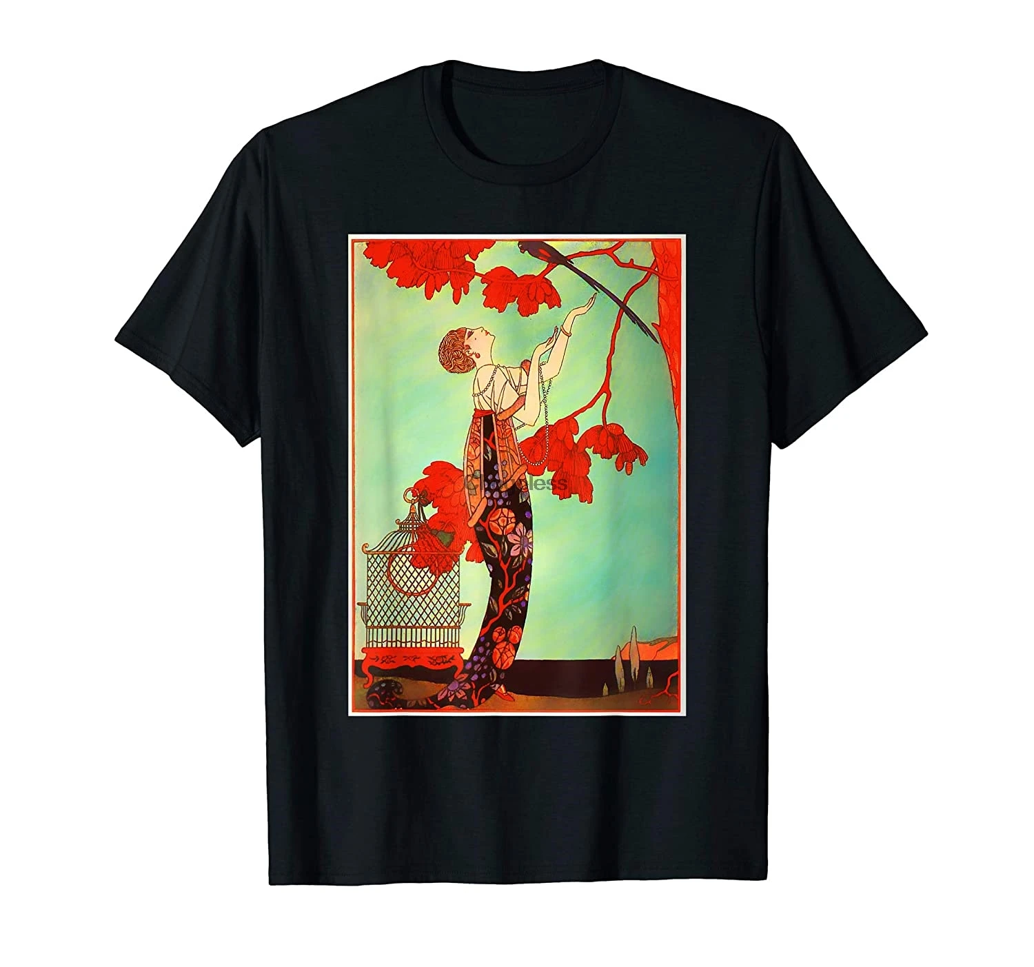 Художественная футболка викторианской женщины говорящего с попугаем в дереве |
