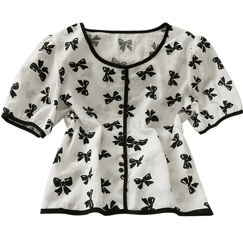 

Summer T-Shirts Mujer Harajuku Puff Sleeve Tees Top Slim Women Clothes Tshirt Splice Bow Print Blouse Female Round Neck Tops