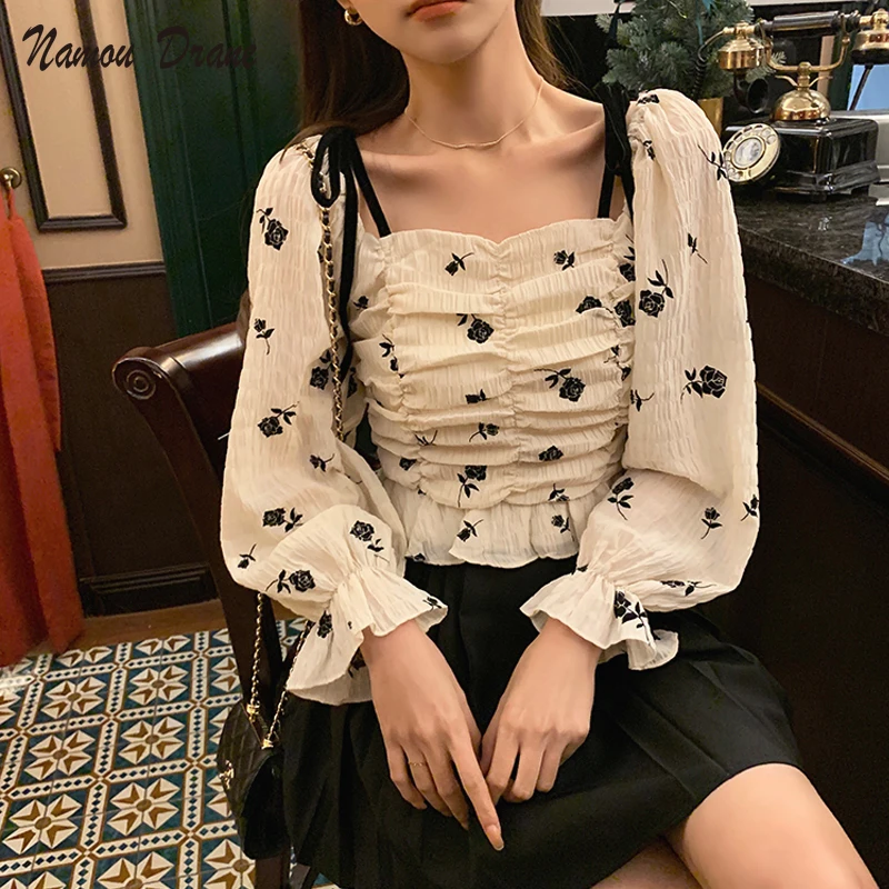 

Vintage Floral Blouse Women Casual Square Collar Chiffon Korean Style Slim Tops Puff Sleeve Elegant Shirt 2021 Spring Kawaii