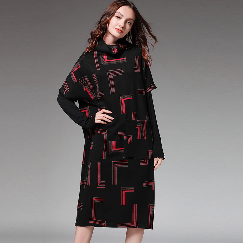 

Plus size women's casual loose show thin dresses fashion half sleeve High collar Base dress Autumn/winter new print Mid dress