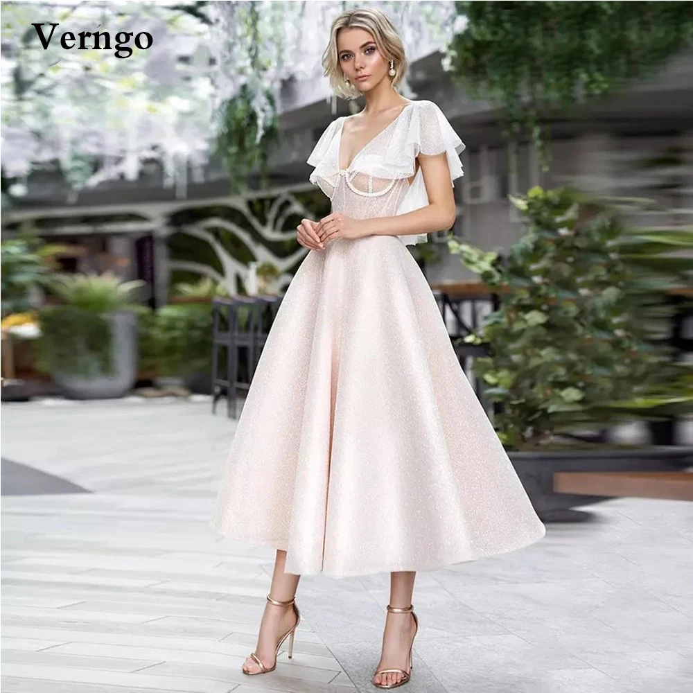 Светло-розовое блестящее ТРАПЕЦИЕВИДНОЕ Короткое свадебное платье Verngo для