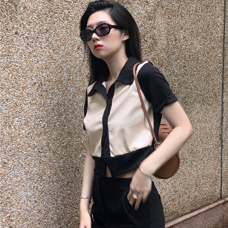 

Summer French Elegant Turn Down Collar Contrasted Color Knitted Short Sleeve T-shirt Simple Casual All Match Short Women Tops