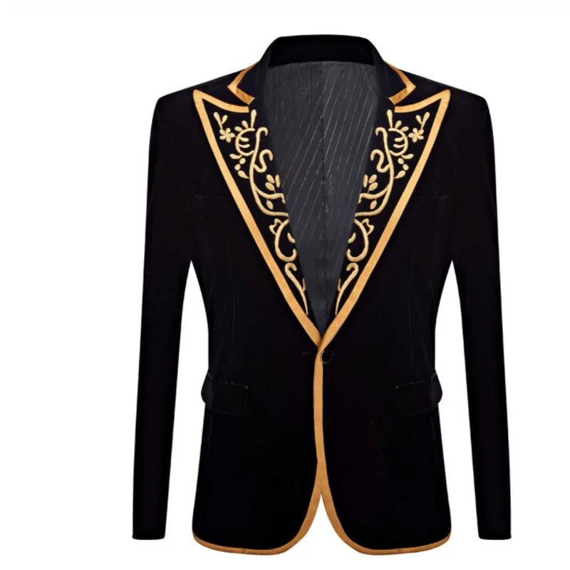 Men's suit gold embroidery lace black jacket black одежда singer performance clothing prince clothes American palace style