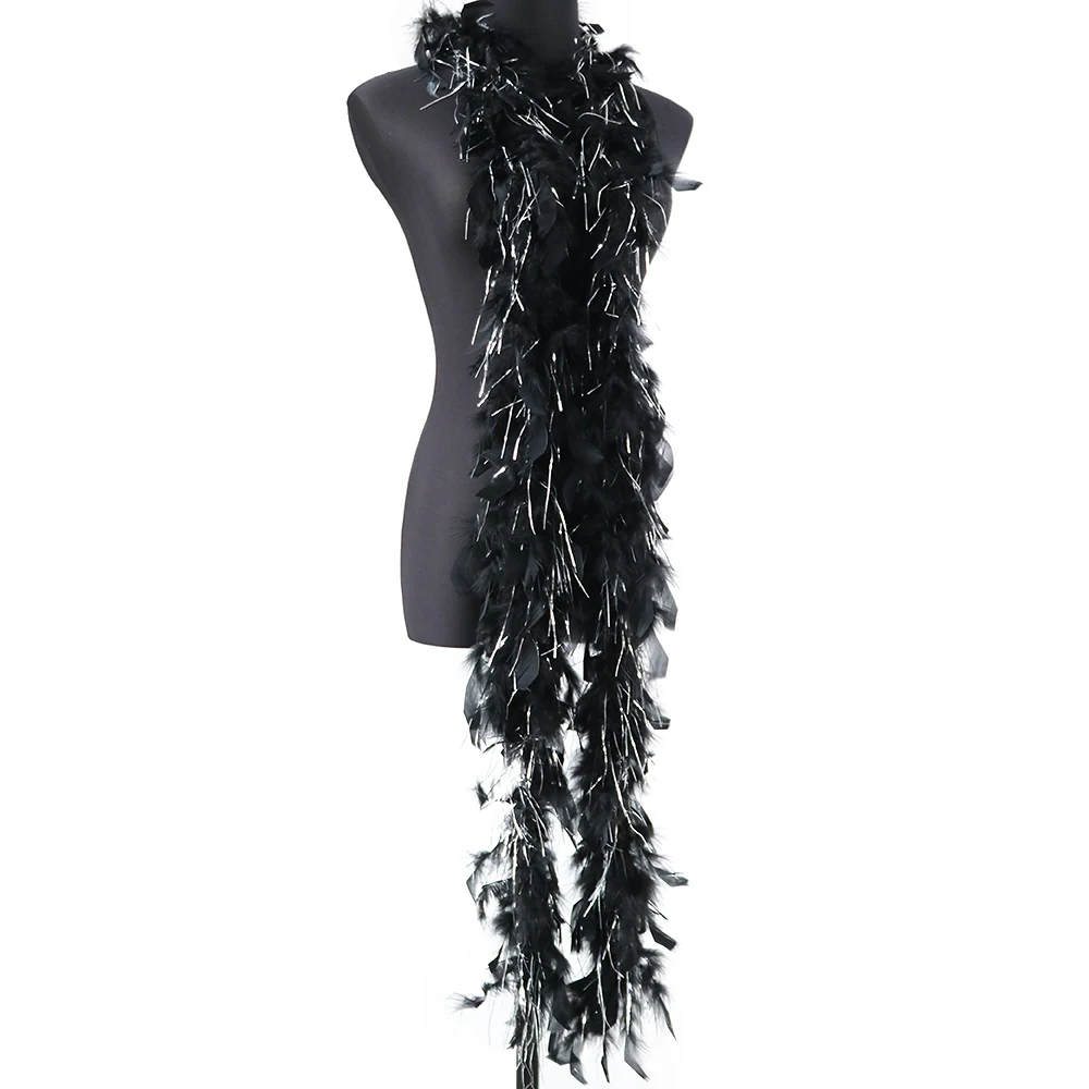 Шаль из черных перьев индейки 30 г с серебряной проволочной лентой белыми перьями