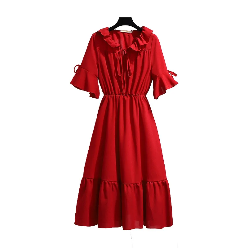 Женская одежда платье 2020 летнее винтажное красное Черное шифоновое с оборками на