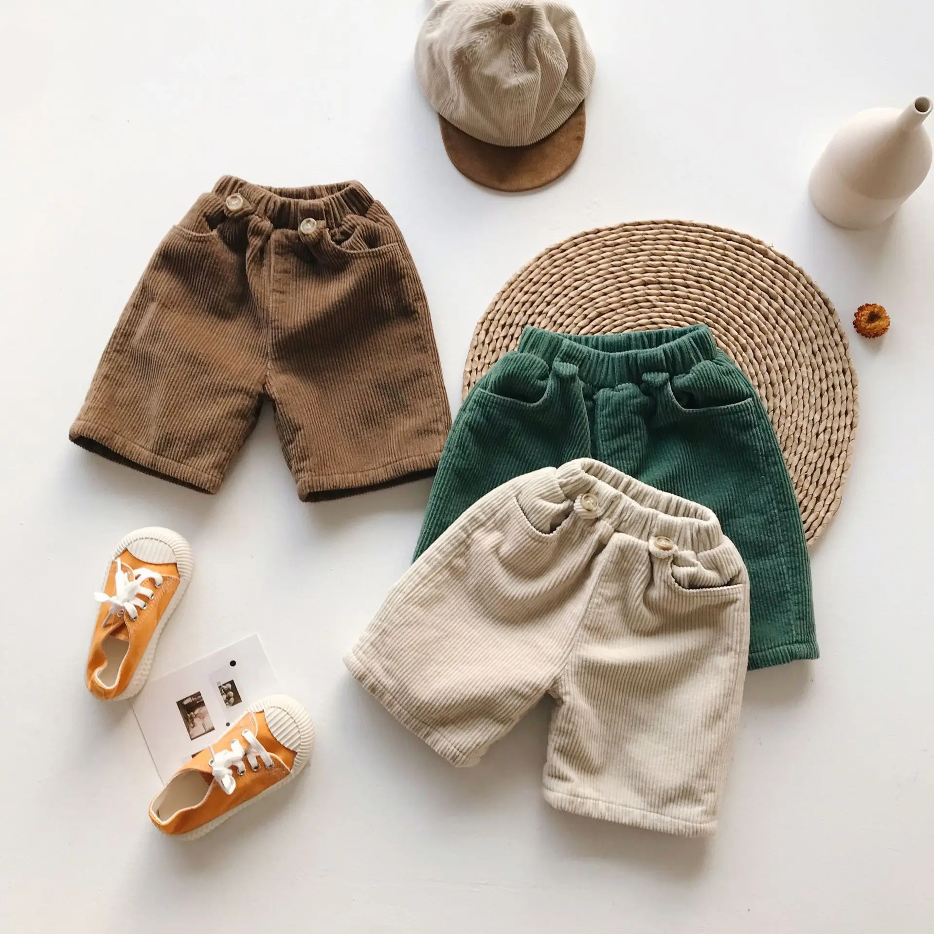 Зимние плотные вельветовые укороченные брюки из флиса для мальчиков однотонные