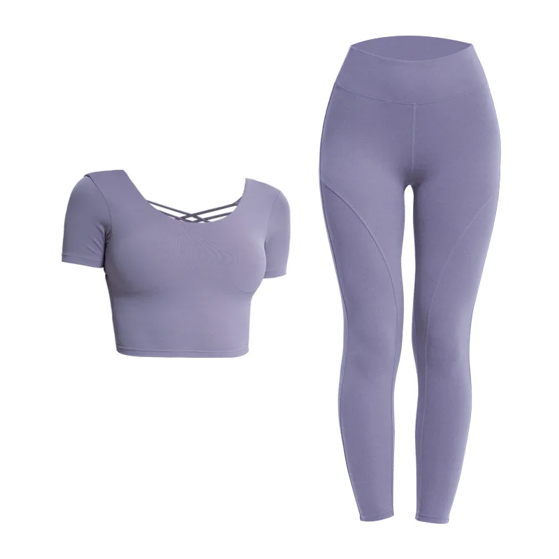 

Spring and Autumn Sports Suit Women's Sexy Beauty Back Breathable Slimming Slim Fit Running Fitness Short Sleeve Yoga Suit Suit