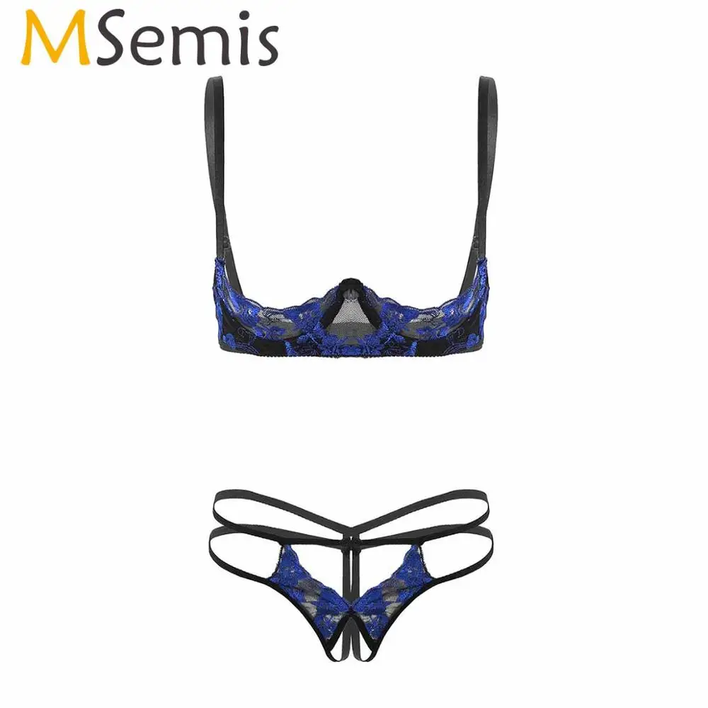 

MSemis Women See Through Sheer Erotic Embroidery Lace Lingerie Set Exposed Breasts Underwire Shelf Bra Crotchless G-string Thong