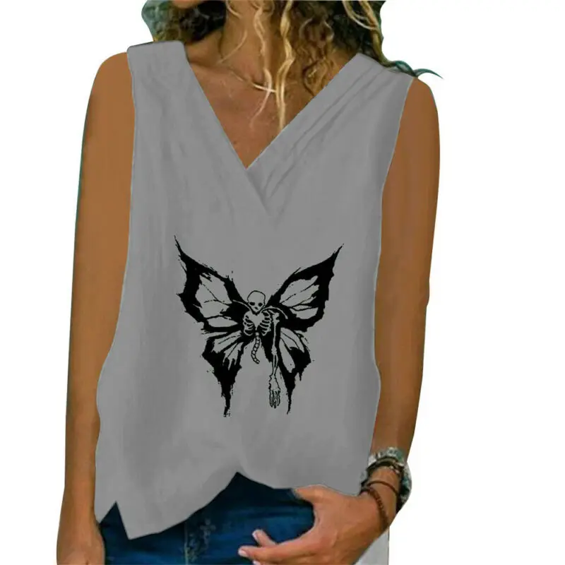 

Butterfly Printed t Shirt Women Top Vest V-Neck Sleeveless Vest T-Shirt Print Summer Casual Tops New