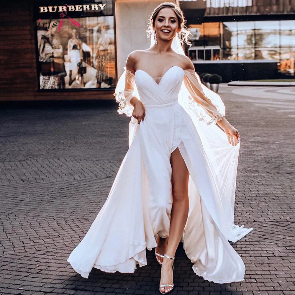 

Vestidos Charming Wedding Dresses Chiffon Slide Split Pleat Sweetheart Full Sleeve Zipper A-Line Bridal Gowns Novia Do 2021