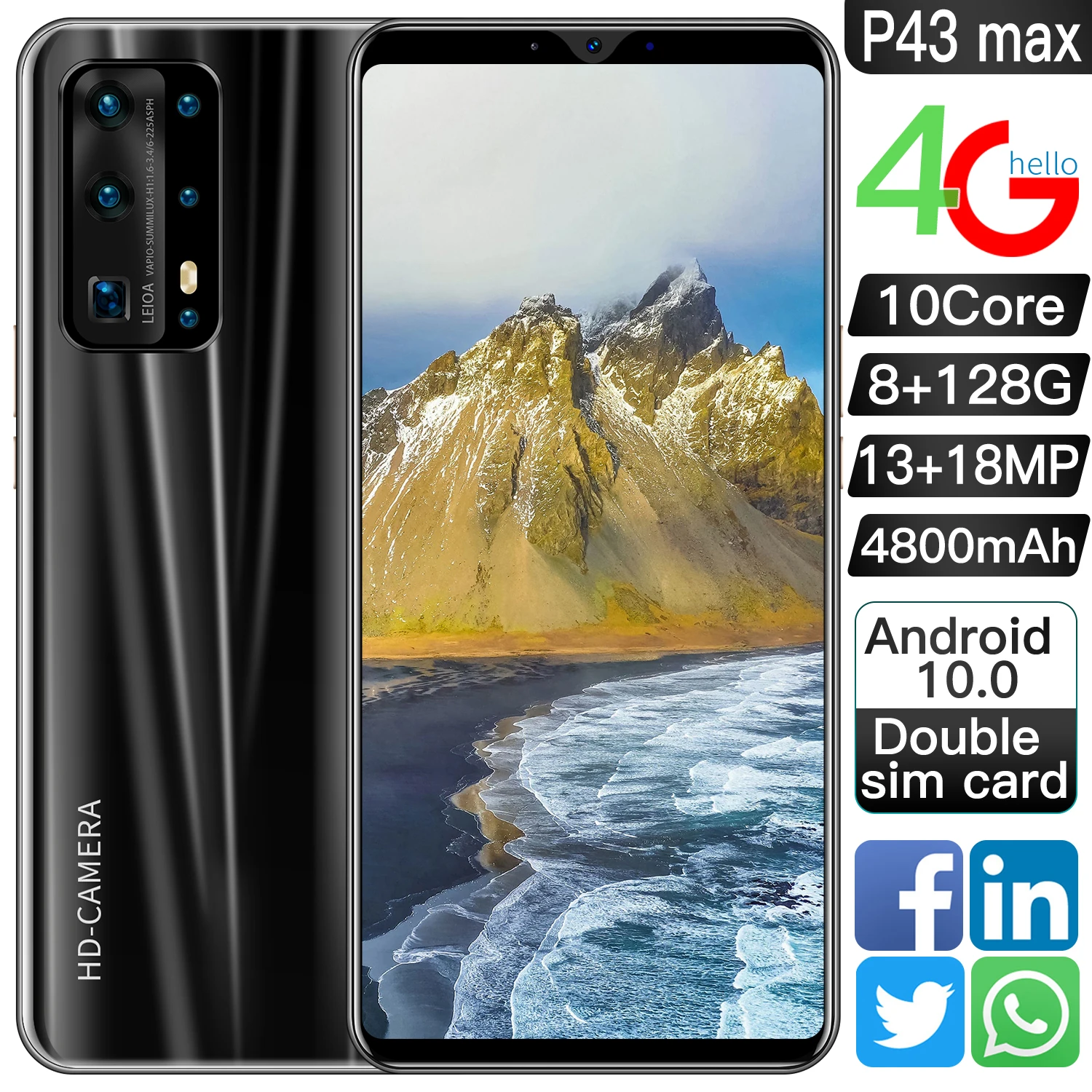 

Смартфон P43 max, экран 6,3 дюйма, 4G LTE, две SIM-карты, 4800 мАч, Android 10, разблокировка по лицу, GPS, Bluetooth, беспроводной телефон