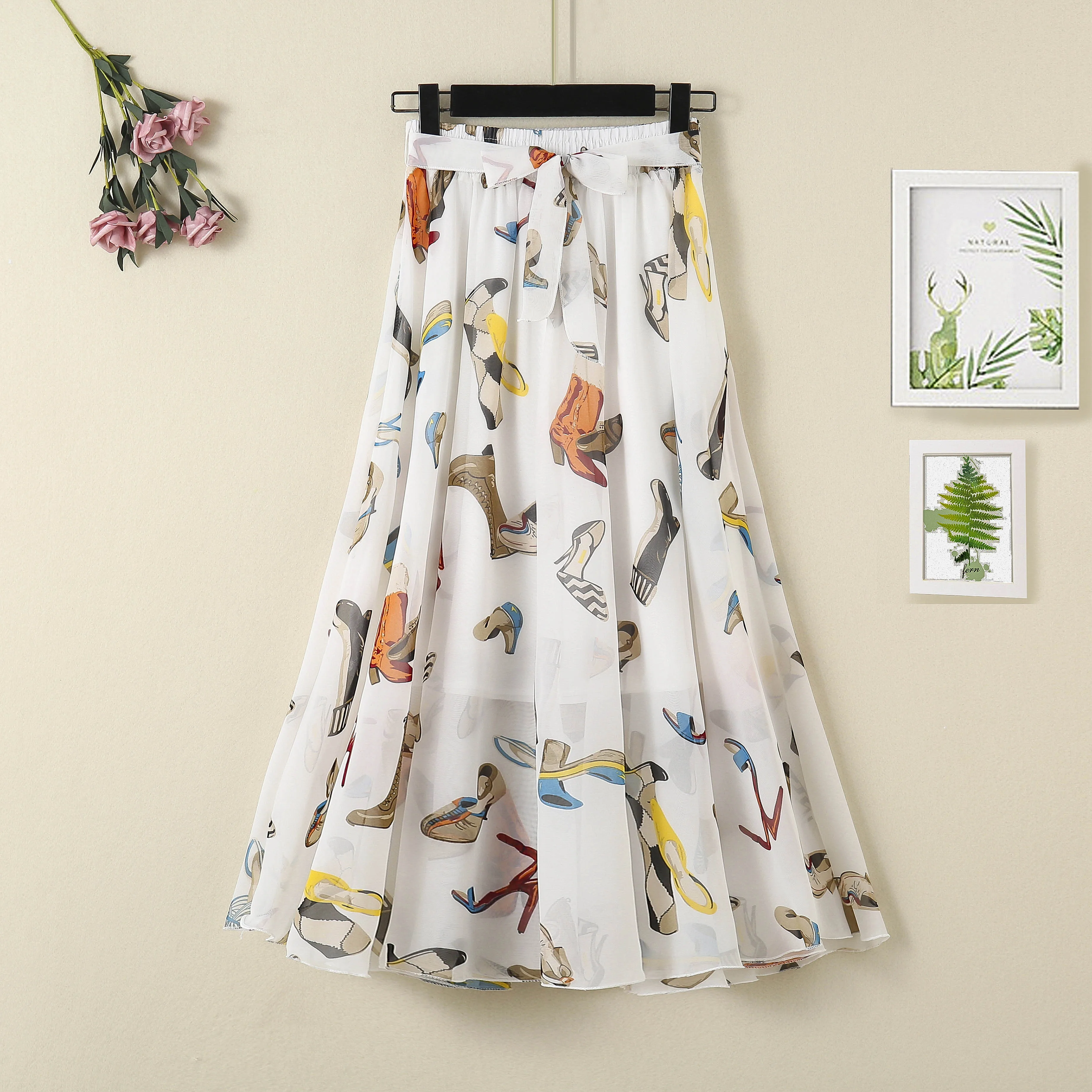 

New Long Skirt Women For 2021 Spring Summer Lady Korean Style White Black Chiffon Sun School High Waist Midi Skirt Female