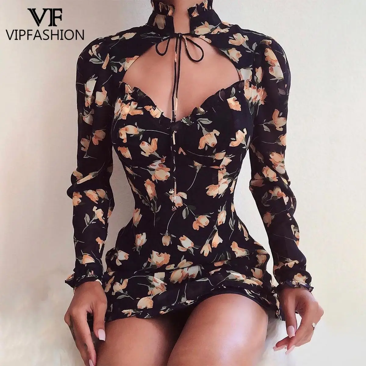 

VIP Модный цветочный принт с высоким воротом галстуком-бабочкой пикантное мини-платье с глубоким вырезом на шнуровке с длинным рукавом плать...