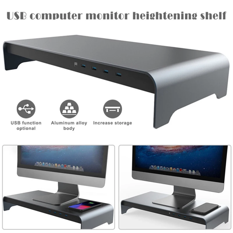 

Aluminum Monitor Stand with USB 3.0 Desk HUB Extension and wirless charge Metal Riser Support Transfer Data and Charging