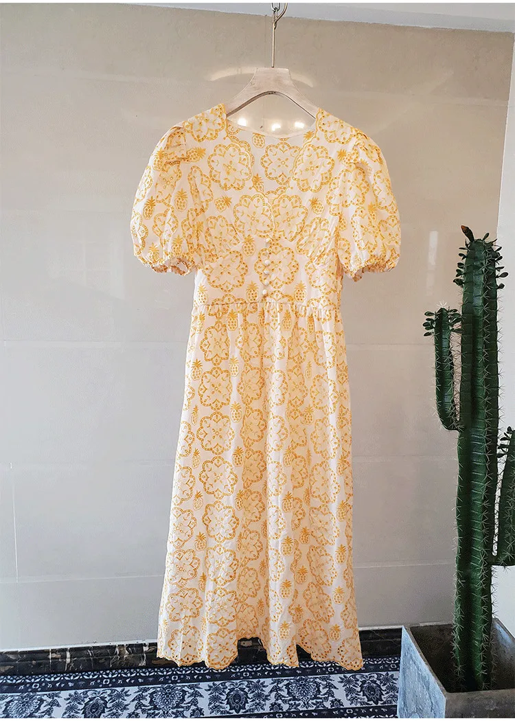 High Quality Lace Hollow Embroidery Women V Neck Puff Sleeve Holiday Long Dress 2020 Newest Summer Womans Runway Dresses Female | Женская