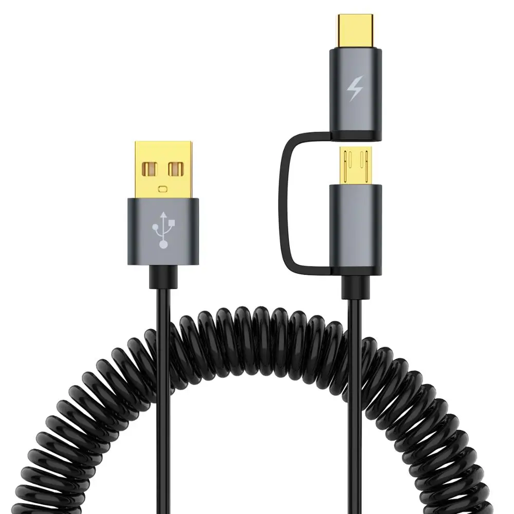 Пружинный кабель типа C Micro usb 2 в 1 кабель для быстрой зарядки для samsung Xiaomi huawei USB C 2 в 1 шнур выдвижной Microusb кабель - Color: Black