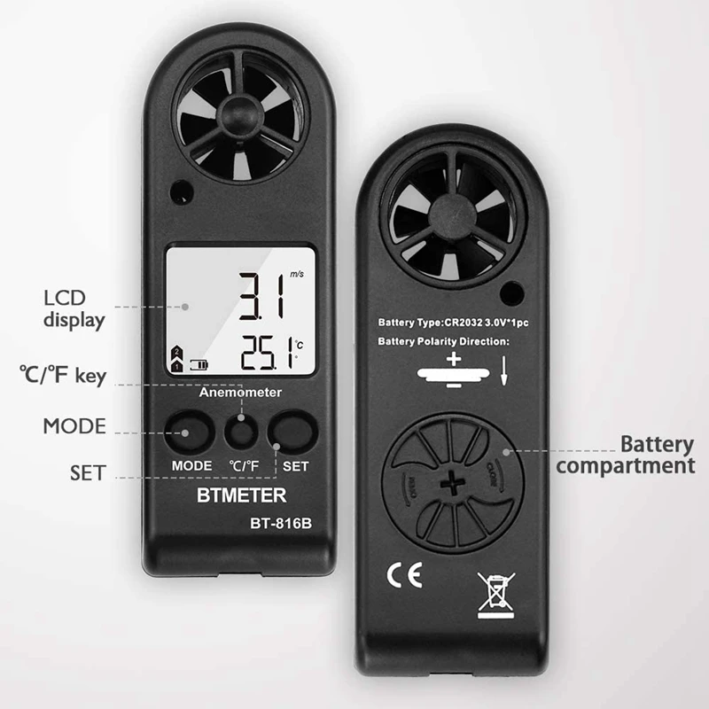 BTMETER BT-816B ручной ЖК-дисплей Цифровой ветер Скорость измеритель переносной