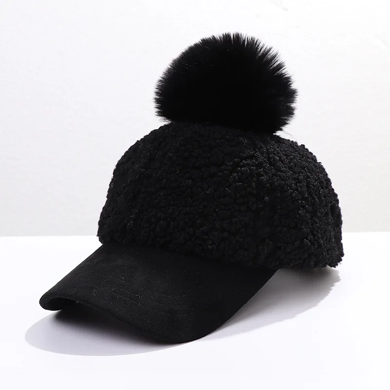 

YQYXCY Hat Women Winter Baseball Cap With Pompom Cashmere Warm Snapback Hats Ladies Gorras Solid Color Outdoor Bone Female