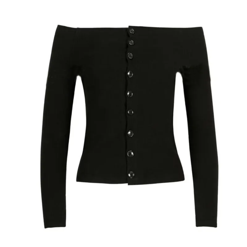 

[DEAT] Solid Black Sexy Off Shoulder One Neck Knitted Top Single Breasted Long Sleeve Short Top For Women 2021 Spring GX756