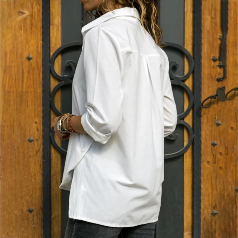 

Plus Size 5XL Women Casual Shirt Long Sleeve Turn Down Collar Shirts High-low Hem Side Buttons Decor Blouses Daily Life Tops