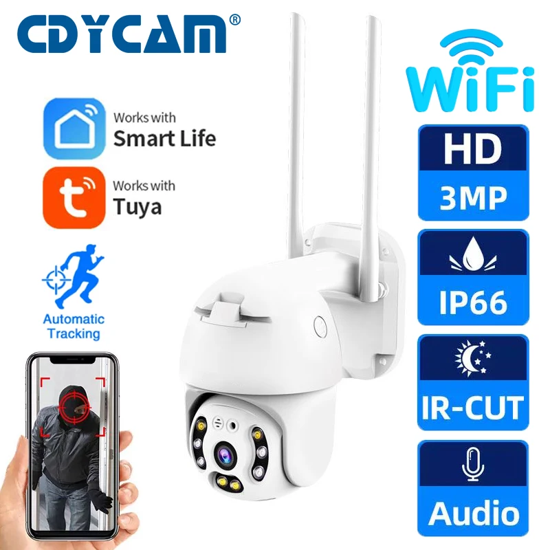 

Tuya Auto Tracking Outdoor Action Waterproof IP Camera 3MP HD Home Security Alexa CCTV WiFi Smart Monitor Color Night Vision P2P