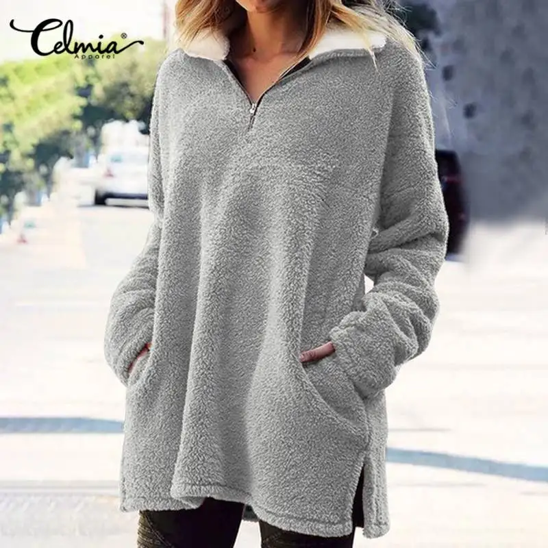 

Celmia Faux Fur Fleece Zip Up Sweatshirts Women 2021 Winter Casual Long Sleeve Tops Fashion Color Block Fluffy Plush Pullovers