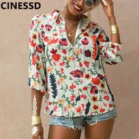 cinessd floral print chiffon tops button blouses 2021 turn down collar long sleeves autumn office lady casual bohemian blouse