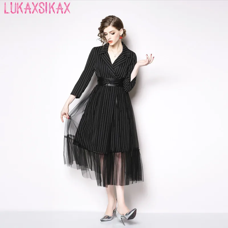 

New Spring Autumn Women Slim Long Dress High Quality Elegant Notched Collar Vertical Stripes Mesh Patchwork Black Office Dress