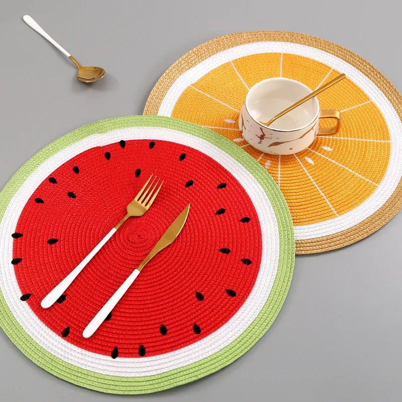 

PP Woven Round Placemat Cartoon Fruit Dining Table Plate Mat Bowl Watermelon Lemon Drink Coasters Kitchen Accessories Home Decor
