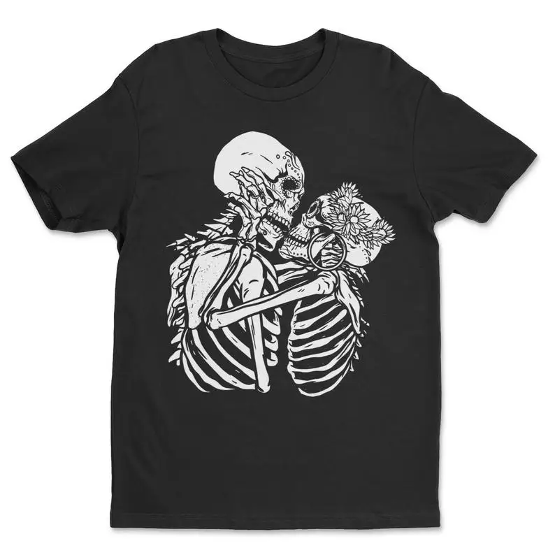 

Valentine's Day Skeleton Couple Kissing Shirt 100% Cotton Women Tshirt Short Sleeve Top Tees Plus Size O Neck unisex Clothing