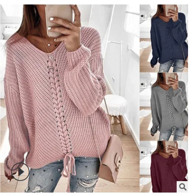 

2021 autumn/winter sweater women Europe and America V-neck fashion loose stitching women's knitwear women's tops