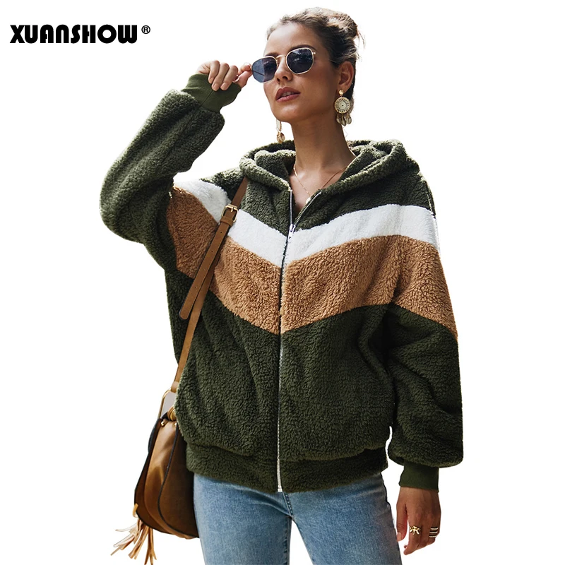 Army Green XUANSHOW зимняя женская толстовка с капюшоном свободная молния с длинным рукавом сшивание плюшевое пальто теплая одежда Sudadera Mujer - Цвет: Army Green